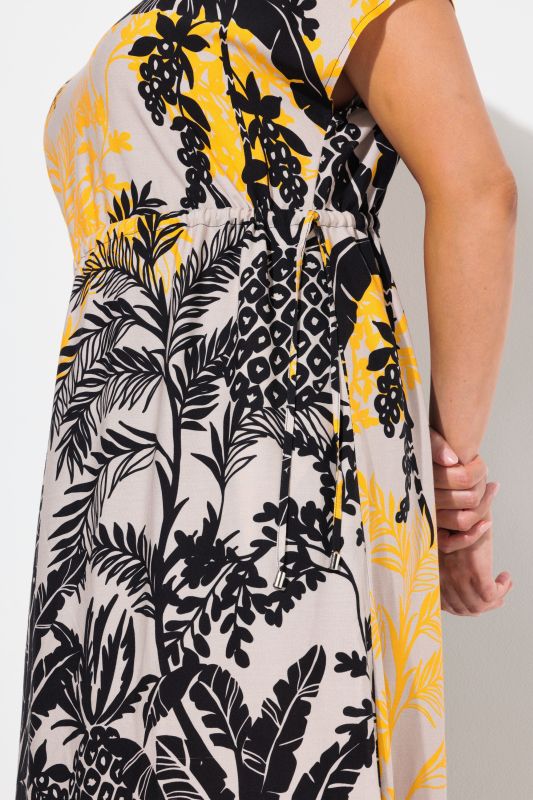 Tropical Foliage Print Cap Sleeve Dress