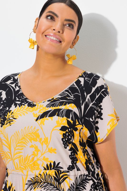 Tropical Foliage Print Cap Sleeve Dress