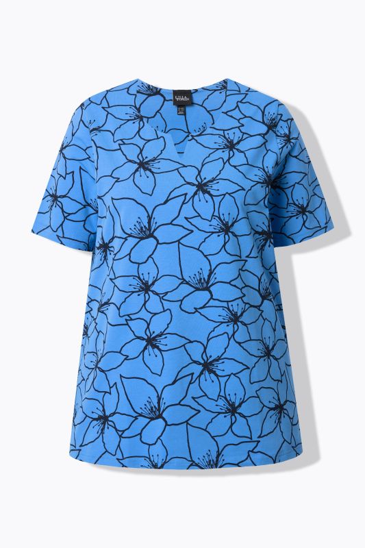 Flower Print Short Sleeve Split Neck Tee