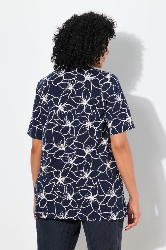Flower Print Short Sleeve Split Neck Tee