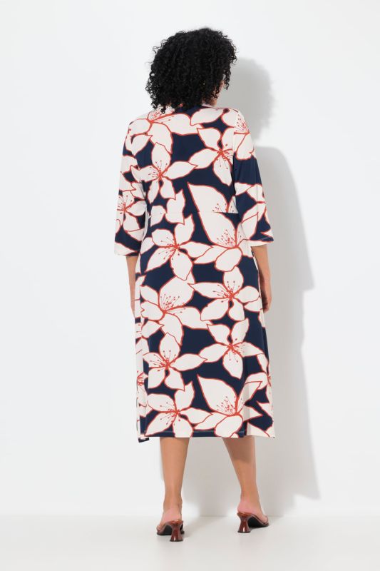 Flower Print 3/4 Sleeve Wrap Look Midi Dress