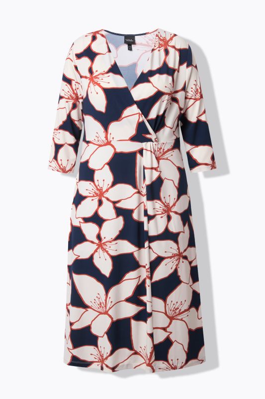 Flower Print 3/4 Sleeve Wrap Look Midi Dress
