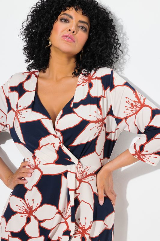 Flower Print 3/4 Sleeve Wrap Look Midi Dress