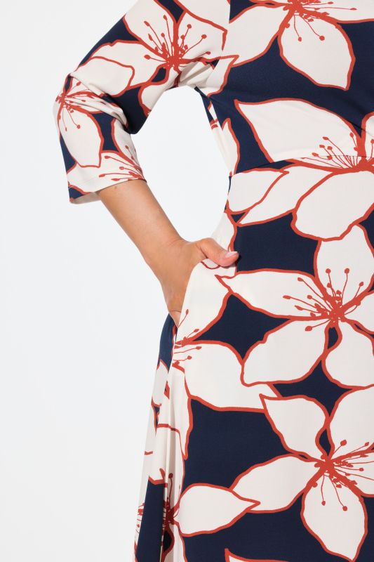 Flower Print 3/4 Sleeve Wrap Look Midi Dress