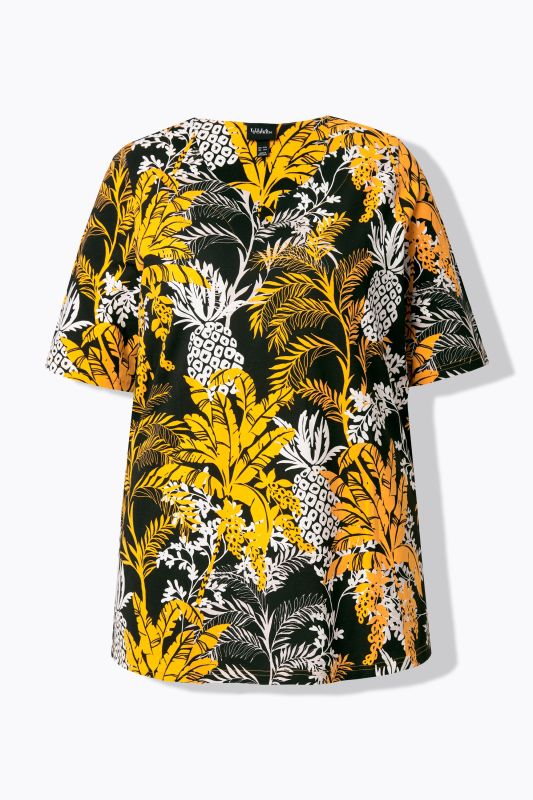 Tropical Foliage Short Sleeve Split Neck Tee