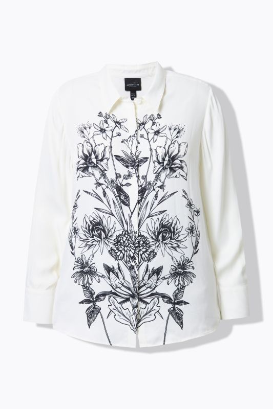Botanical Print Long Sleeve Button Down Satin Blouse