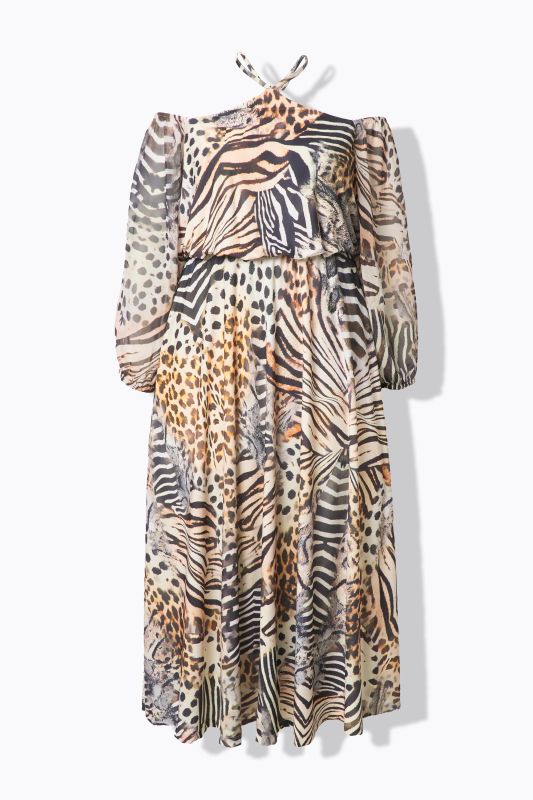 Cold Shoulder Chiffon Animal Print Dress