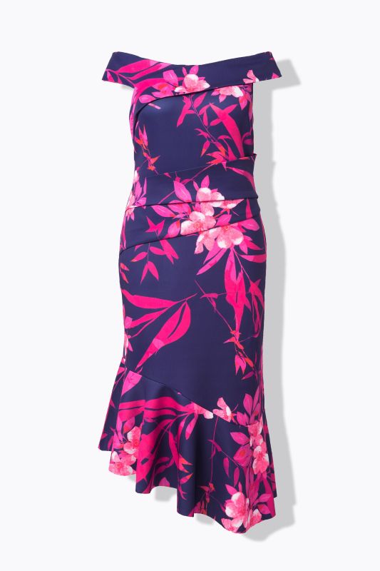 Asymmetrical Floral Scuba Knit Off The Shoulder Dress