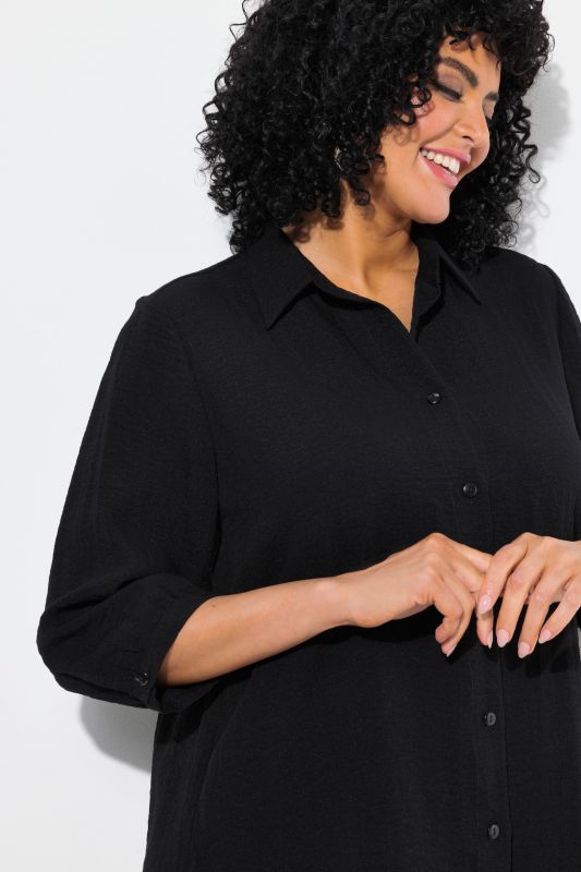 Linen Look 3/4 Sleeve Button Down Blouse