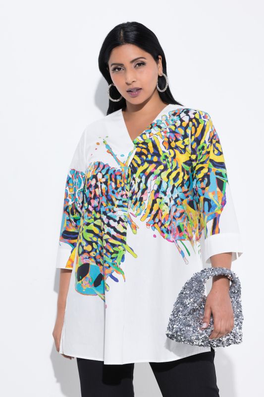 Butterfly Motif 3/4 Sleeve Tunic Blouse