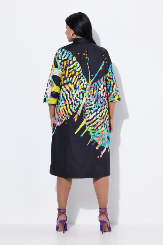 Butterfly Motif 3/4 Sleeve Button Down Dress