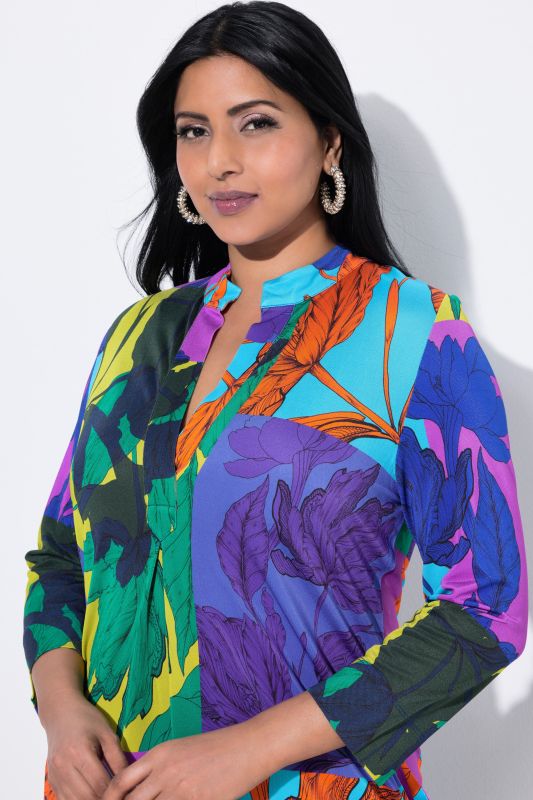 Patchwork Leaf Print 3/4 Sleeve Dress