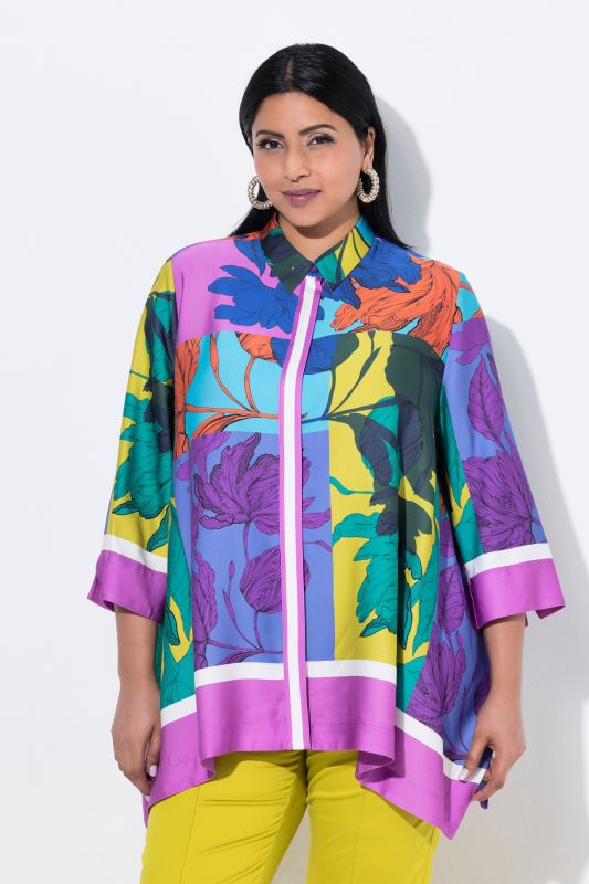 Patchwork Leaf Print Button Down Blouse