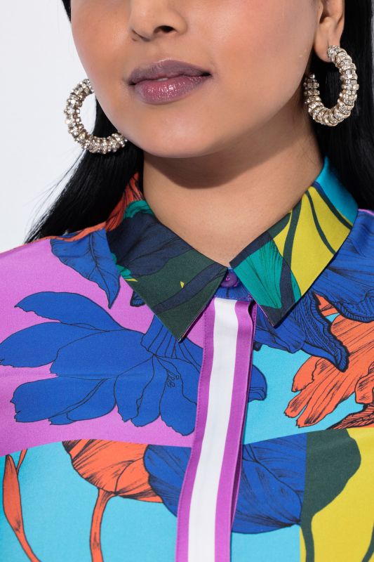Patchwork Leaf Print Button Down Blouse