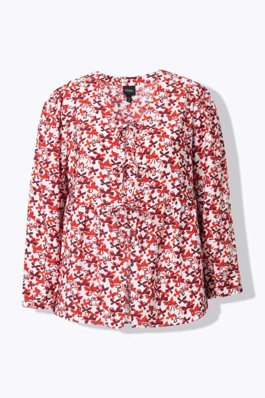 Bow Print Long Sleeve Ribbon-Tie Blouse