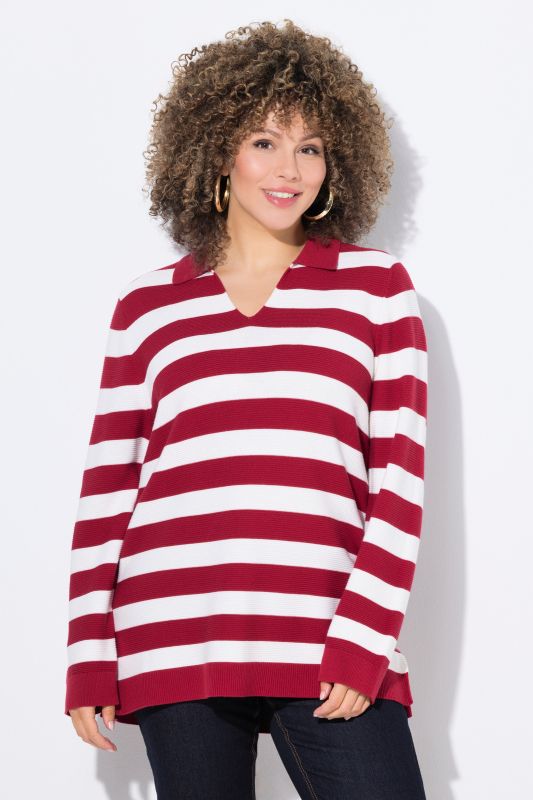 Striped Polo Collar Long Sleeve Sweater