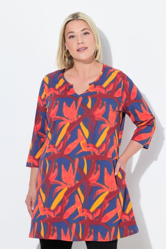 Bird of Paradise Print Notch Neck 3/4 Sleeve Tunic