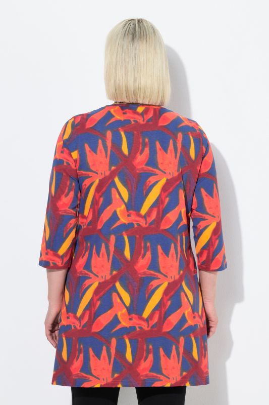 Bird of Paradise Print Notch Neck 3/4 Sleeve Tunic