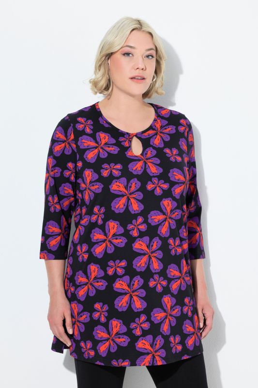Scribble Flower Print 3/4 Sleeve Knit Tunic