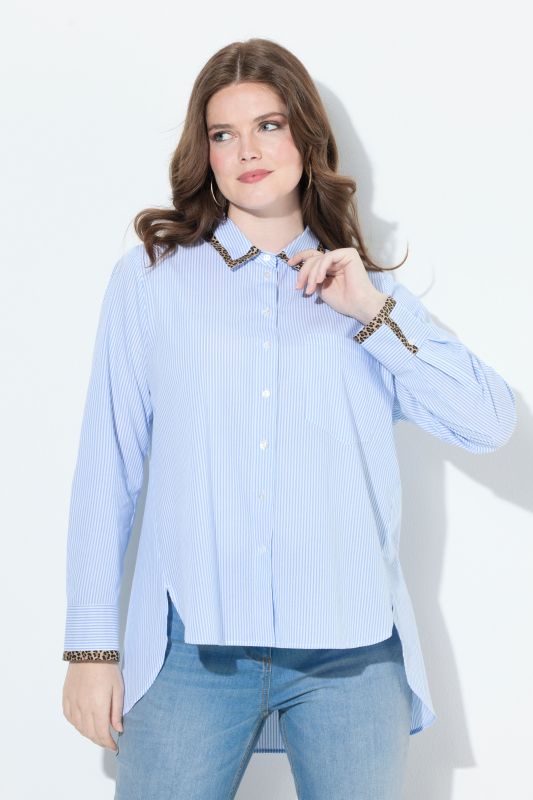 Pinstripe Leopard Detail Button Down Blouse