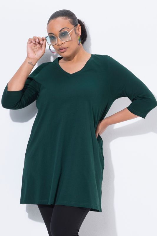 V-Neck Swing A-line Hem Cotton Knit Tunic