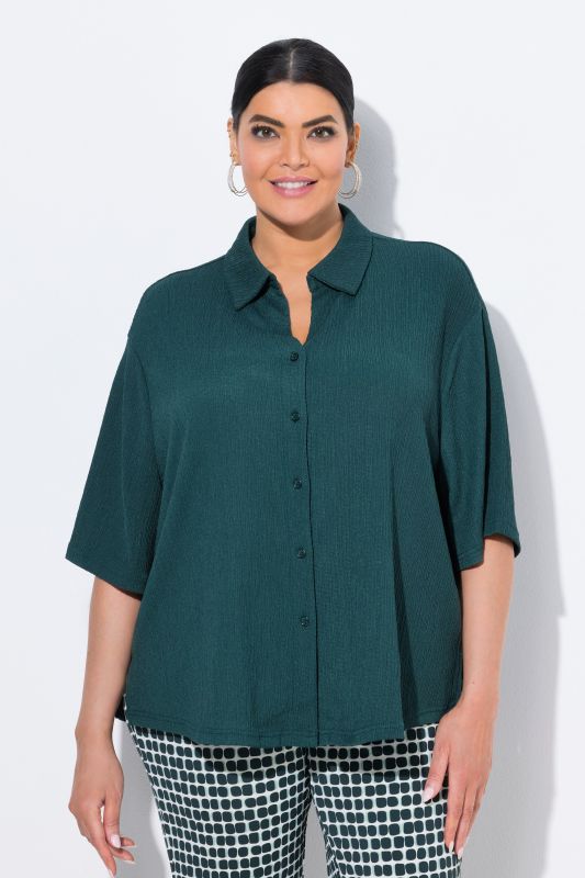 Lightly Textured 3/4 Sleeve Button Down Blouse
