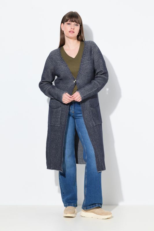 Eco Cotton Two-Tone Ribbed Knit Extra Long Cardigan