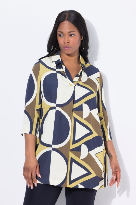 Geometric Print 3/4 Sleeve Satin Tunic Blouse