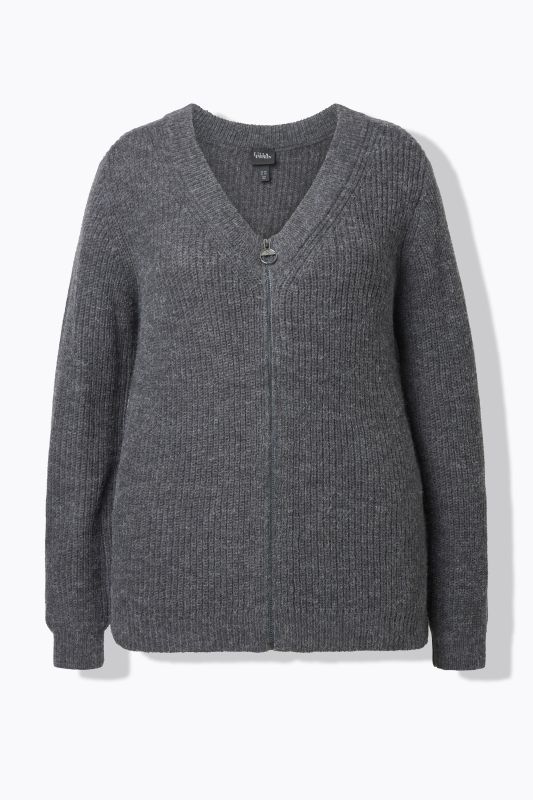 Patent Knit Zip-Up Wool Blend Cardigan