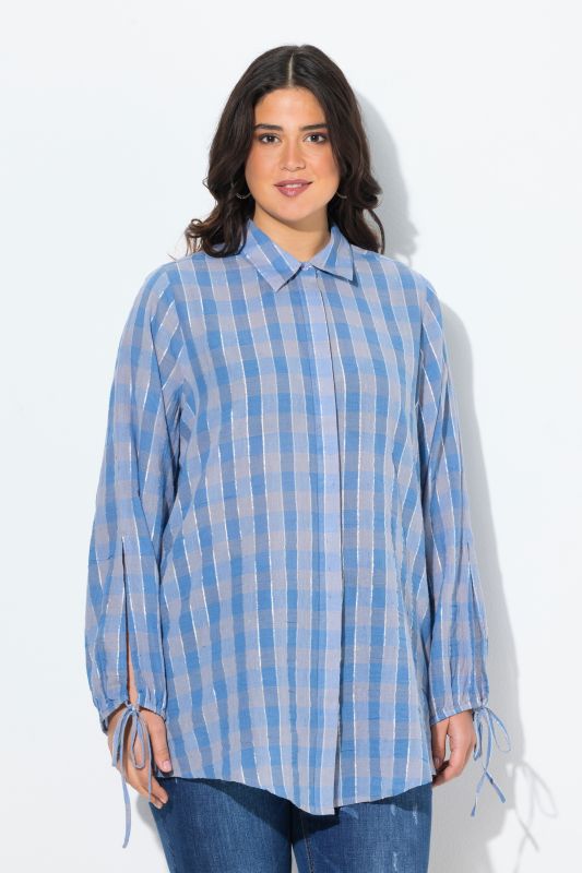 Glitter Striped Checked Tie Sleeve Blouse