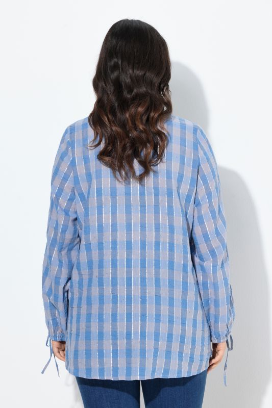Glitter Striped Checked Tie Sleeve Blouse
