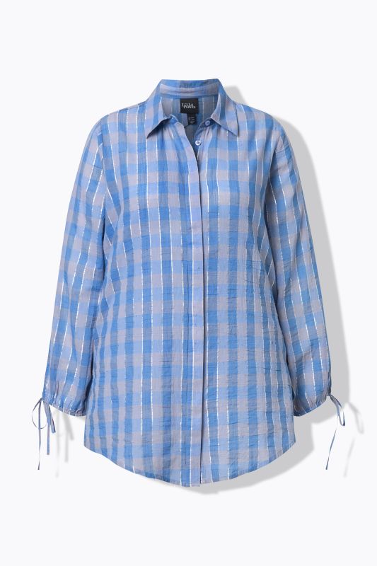 Glitter Striped Checked Tie Sleeve Blouse