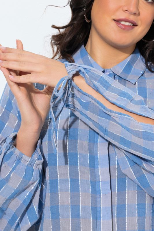 Glitter Striped Checked Tie Sleeve Blouse