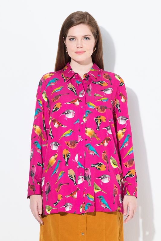 Bird Print Button Front Blouse