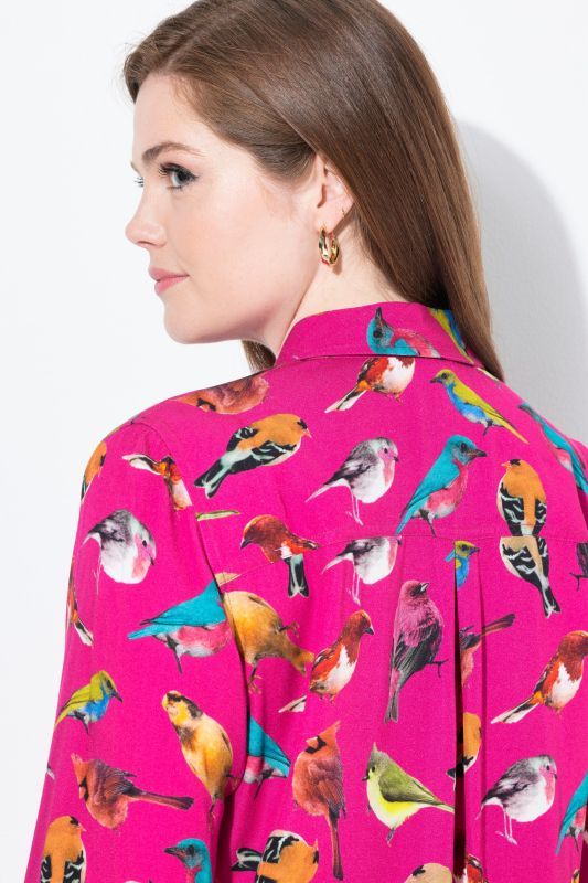 Bird Print Button Front Blouse