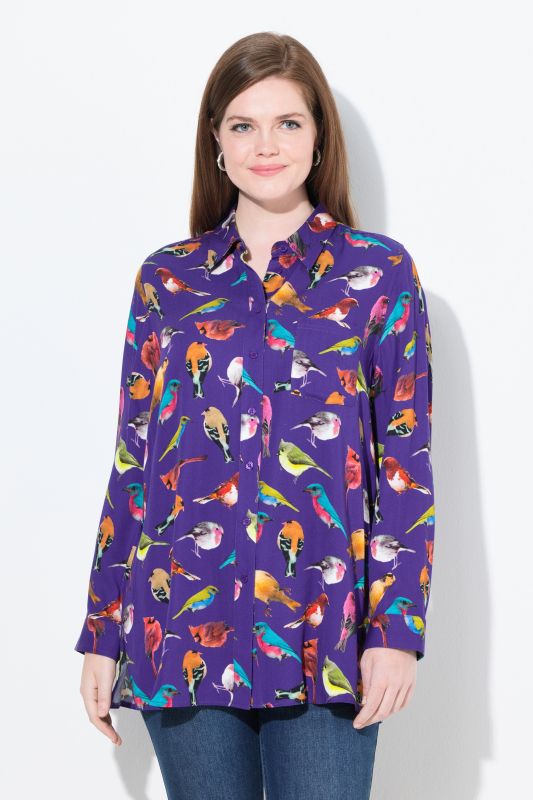 Bird Print Button Front Blouse