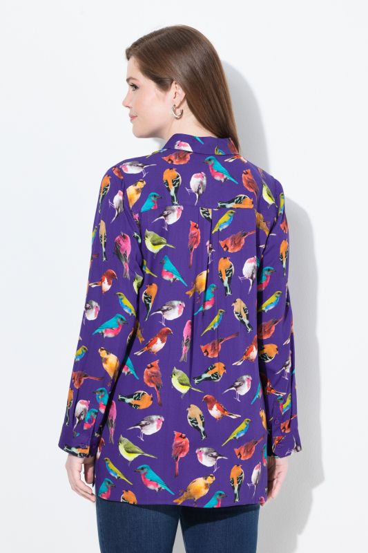 Bird Print Button Front Blouse