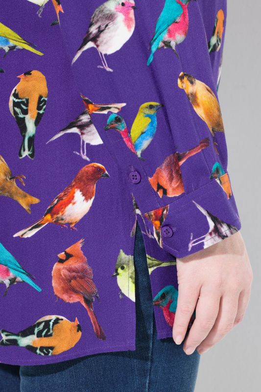Bird Print Button Front Blouse