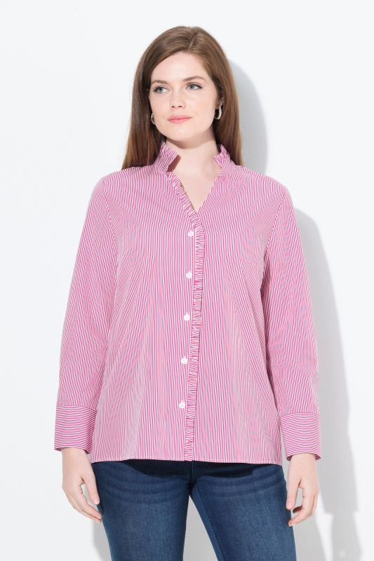 Pinstripe Ruffle Trim Button Down Shirt