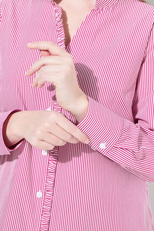 Pinstripe Ruffle Trim Button Down Shirt