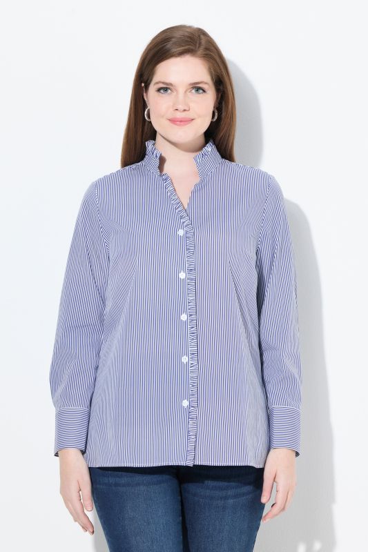 Pinstripe Ruffle Trim Button Down Shirt