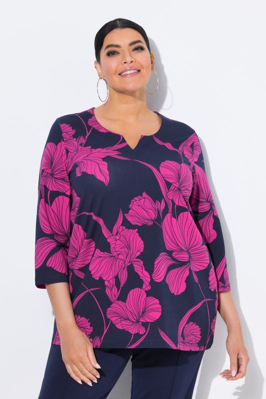 Floral Split Neck 3/4 Sleeve Tee