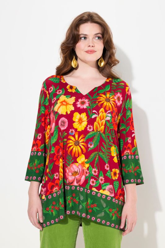 Country Floral Split Neck 3/4 Sleeve Tee