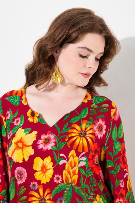 Country Floral Split Neck 3/4 Sleeve Tee
