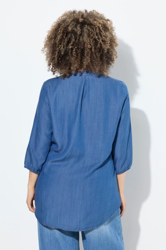 Denim Look Drawstring Waist Blouse
