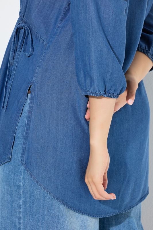 Denim Look Drawstring Waist Blouse