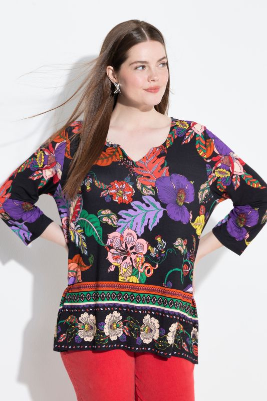 Country Floral Split Neck 3/4 Sleeve Tee