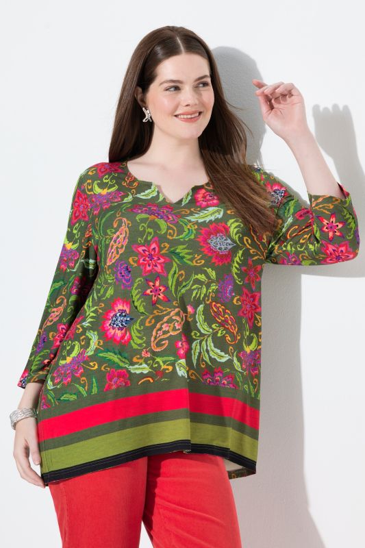 Country Floral Split Neck 3/4 Sleeve Tee