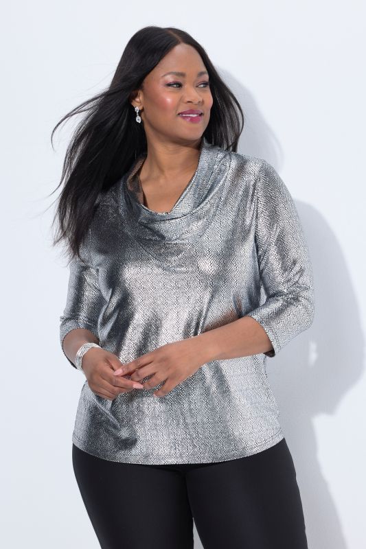 Metallic Cowl Neck 3/4 Sleeve Tee