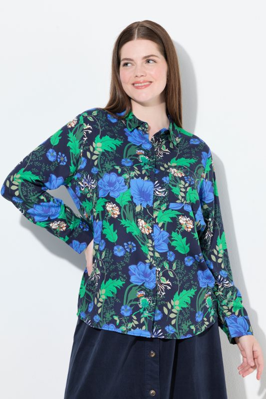 Country Floral Print Long Sleeve Button Down Blouse